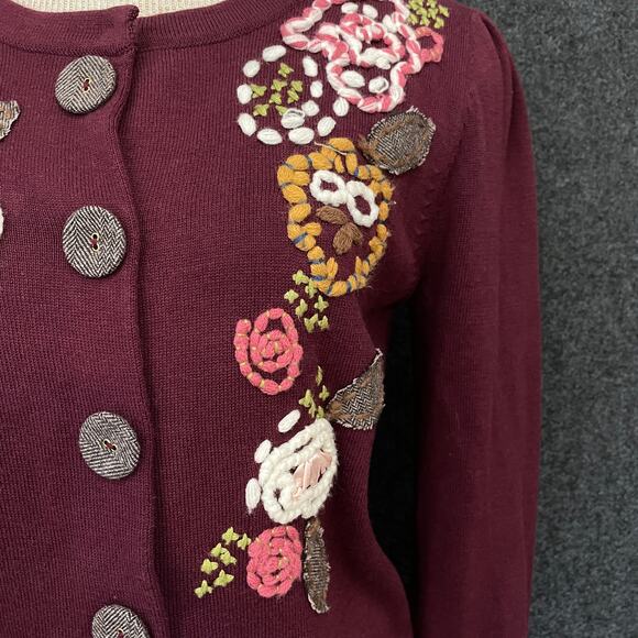 Anthropologie Knitted Dove Embroidered Cardigan Burgundy  Sweater Size M - Picture 3 of 15